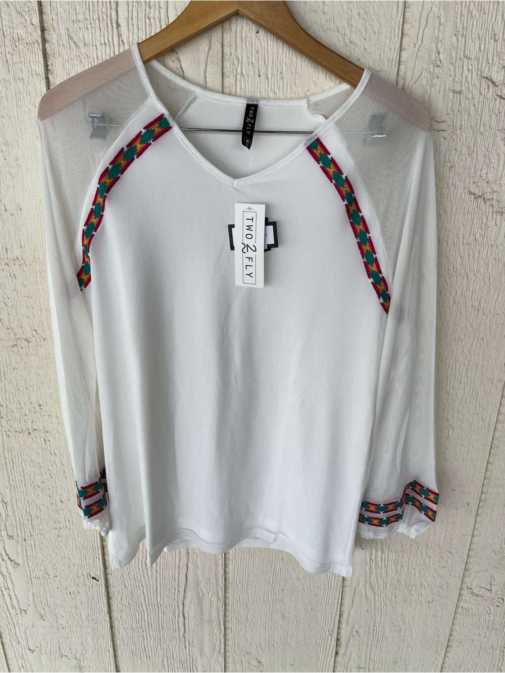Two2Fly White Long-Sleeve V-Neck Top with Colorful Trim & Sheer Sleeves M